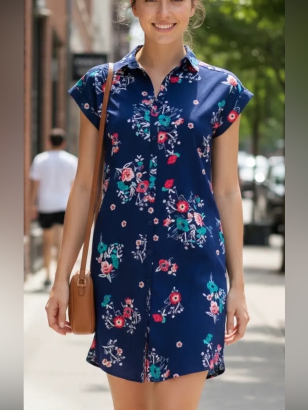 Express Navy Floral Midi Shirt Dress with Teal and Coral Accents